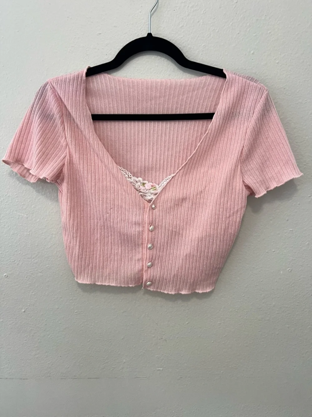 Pink Ribbed Lace Trim Crop Top Button Front Coquette Style Size L - Picture 3 of 8